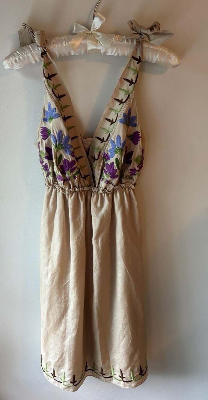 THEME Beige Floral Embroidered Sleeveless Dress with Tie Straps